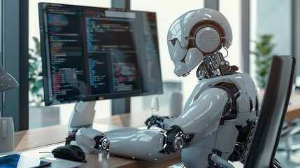 Futuristic robot with advanced technology, sitting at an office desk surrounded by computer screens.