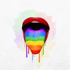 Poster. Contemporary art collage. Woman's mouth, tongue sticking out and painted with colors of rainbow dripping with colorful paint. Concept of human rights, freedom, love diversity celebration. Ad