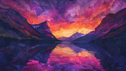 Purple and pink mountains and rivers illustration poster background