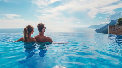 Traveler couple with sunhats hugging in infinity pool and enjoyinf the view to sea