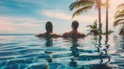 Traveler couple with sunhats hugging in infinity pool and enjoyinf the view to sea