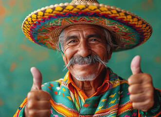 Portrait of a joyful elderly man wearing a colorful sombrero and traditional Mexican attire, giving thumbs up against a teal background.