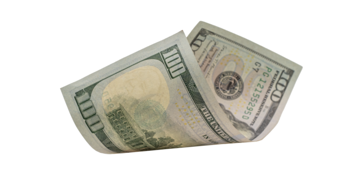 Flying money 100 dollar isolated with clipping path on  background.