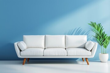 White sofa on blue wall background with copy space and green plants beside it