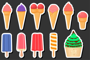 Illustration on theme big kit ice cream popsicle different types in cone waffle cup