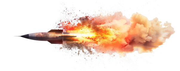 A missile with fire trail isolated on transparent background.