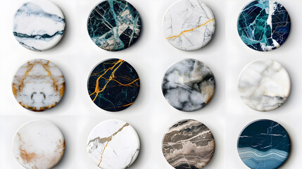 round stickers and labels with marble inlay marble background. Generative AI.