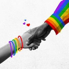 Poster. Contemporary art collage. Two hands holding each other wearing friendship bracelet, clothes with rainbow colors. Unity and solidarity. Concept of freedom, love diversity celebration. Ad