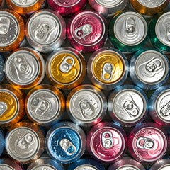 Stack of empty aluminium beer cans, front side view, close up, macro with one can being backwards.
