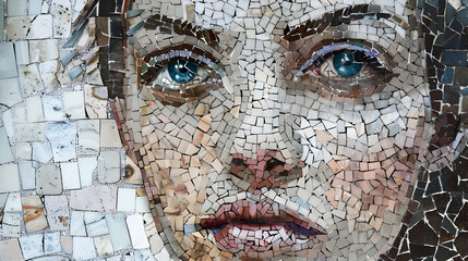 woman portrait made of many small mosaic pieces marble background. Generative AI.