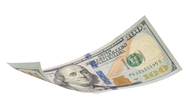 Flying money 100 dollar isolated with clipping path on  background.
