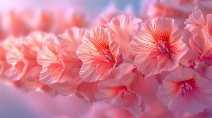   A tight shot of pink blossoms against a backdrop of blue and pink Background features softly blurred pink blooms
