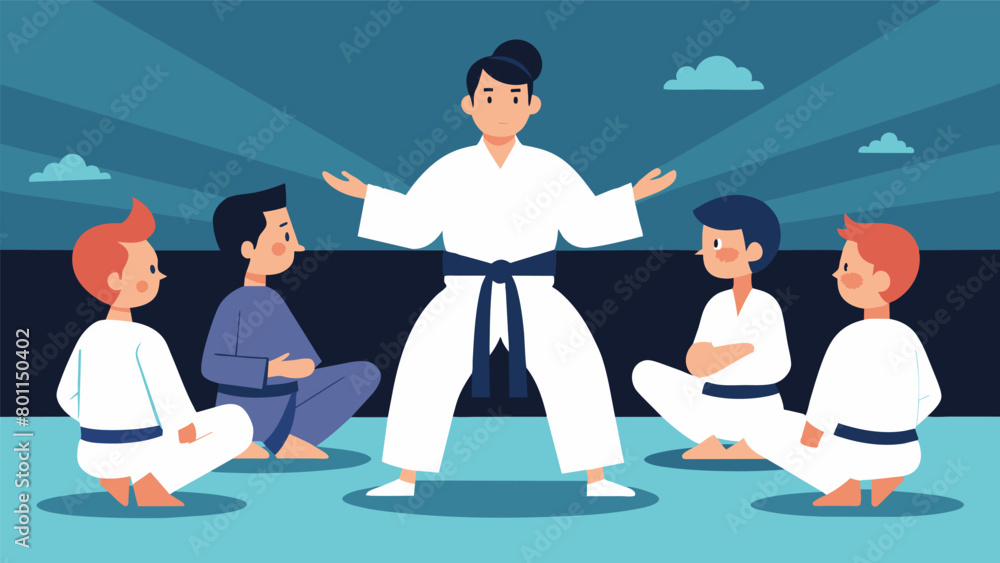 Poster a sensei demonstrating the subtle variations and nuances of a particular kata form to a group of att
