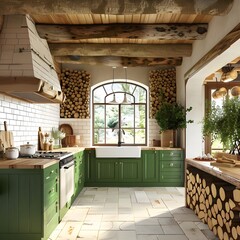 interior of kitchen in a house, A small kitchen in a rustic style , Kitchen in a modern style with a light worktop with sink stove oven kitchen utensils.