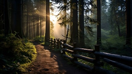 Path through the forest with view of the rising sun bringing new light and life to the woods