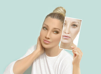 Aging. Mature woman-young woman.Face with skin problem.concept plastic surgery and cosmetology - obrazy, fototapety, plakaty