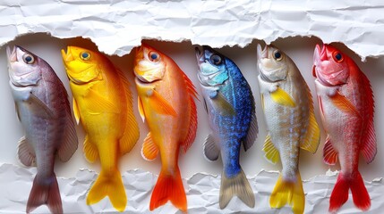   Five fish aligned on a white paper, each atop it, with a central hole