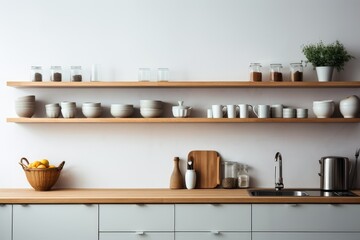 A minimalist kitchen featuring a wooden counter top with shelves neatly arranged with various dishes. Generative AI