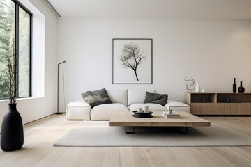 A living room featuring a white couch and a coffee table, creating a minimalist and modern interior design. Generative AI