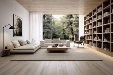A living room filled with sleek furniture and a large window, letting in natural light. Generative AI