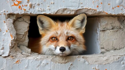 Fototapeta premium A fox gazes intently from a hole in a weathered brick wall, as peeling paint reveals its aged texture ..Or:..Up close