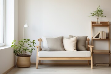A minimalist living room featuring a comfortable couch, a sleek bookshelf, and a vibrant potted plant. Generative AI