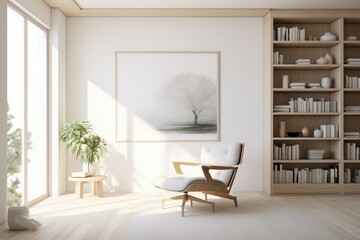 A minimalist home office featuring a chair, bookshelf, and a painting on the wall. Generative AI