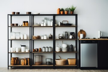 A shelf in a minimalist kitchen is filled with a variety of items, including cookware, utensils, jars, and books. Generative AI