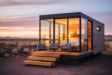 Fototapeta premium A small, minimalist caravan home stands alone in the vast desert landscape under a clear sky. Generative AI