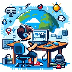 Obraz premium boy working on a laptop at home. Pixel art graphics