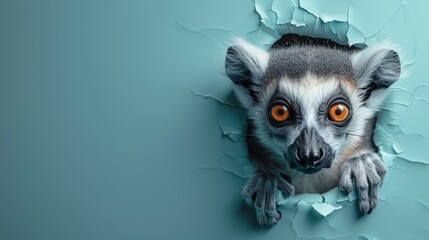   A tight shot of a Lemur peering from a hole in the wall, its eyes bright and alert