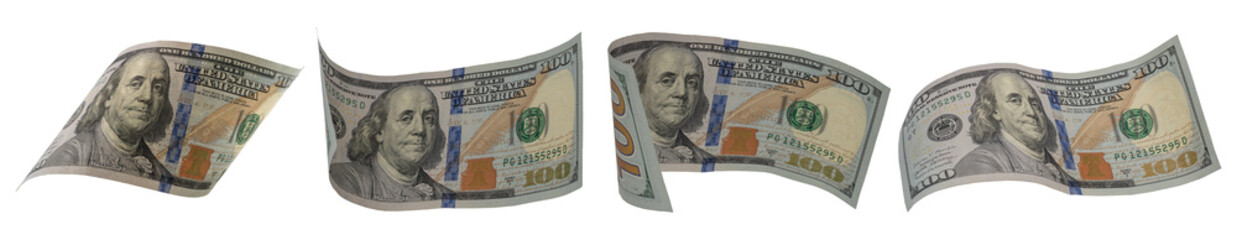 set of flying money 100 dollar isolated with clipping path on  background.