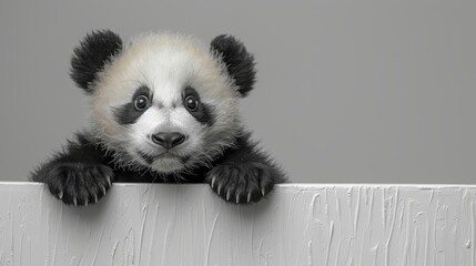   A black-and-white panda sits atop a white-paneled wall, paws pressed against it