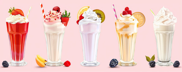 
Set of milk shakes with cream in tall glass glass decorated with fruits of various flavors on white table and isolated colored background. Front view.