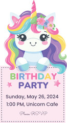 Birthday party invitation template with cute unicorn. Vector illustration.