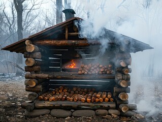 Constructing a Primitive Smokehouse for Preserving Meats and Fish - Preservation - Survival Skills Photography with Smoke Curling from Wooden Structure - Scent of Smoked Foods Lingering in Air 