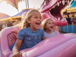 Two little kids riding a rainbow dinosaur kids amusement park rides joyfully on a sunny day.