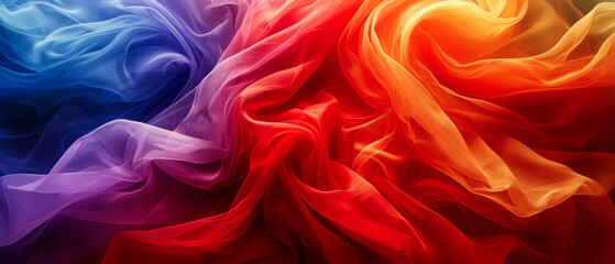 Obraz premium Abstract colorful of silky fabrics flowing in a seamless blend of blue, purple, red, and orange colors. Background of Flowing fabrics of Silk in Vivid Hues