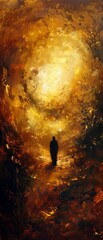 A painting of a person walking through a tunnel with a yellow background