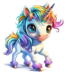Cartoon unicorn with colourful mane and big eyes generative ai
