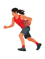 Figure of Asian girl playing women's basketball in red jersey in profile who runs and holds the ball in one hand