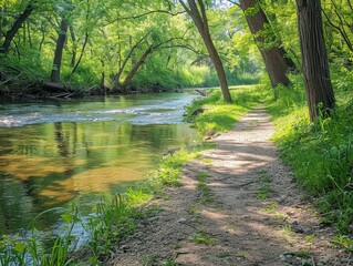 Wandering Along a Flowing River Pathway - Peace - Riverside Hiking Photography with Babbling Stream and Overhanging Trees - Reflections of Greenery in Clear Waters