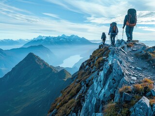 Ascending Steep Mountain Trails to Majestic Summit Views - Achievement - Mountain Hiking Photography with Hikers Silhouetted Against Vast Sky - Valley Stretching Below