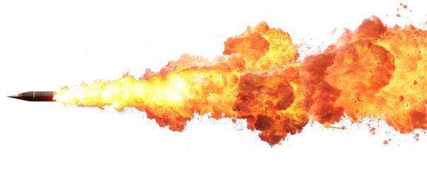 A missile rocket with fire trail isolated on transparent background.