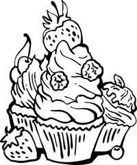 Sweet tasty dessert cupcake with cream and deco for morning breakfast in café or restaurant. Mini birthday cake for pleasure. Hand drawn retro vintage colorful vector illustration. Old style drawing.