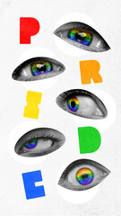 Poster. Contemporary art collage. human eye colored in rainbow colors and letters between them make...