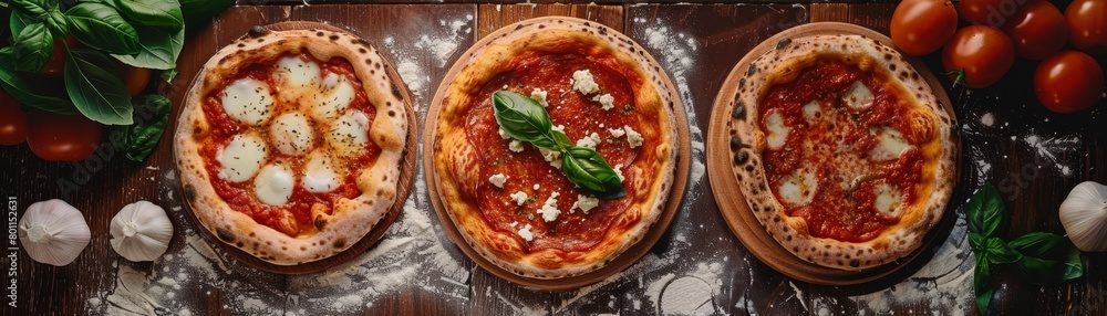 Poster three pizzas with different toppings are displayed on a wooden table