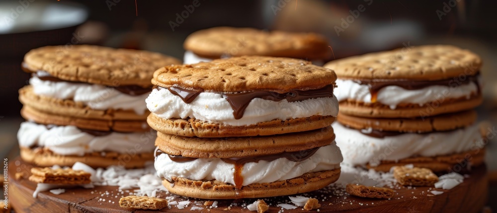 Poster a stack of cookies with chocolate and marshmallow on top