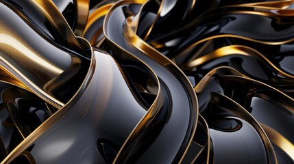 3D ribbons of black and gold swirling in a dynamic composition, with contrasting glossy and velvet-like textures creating a sense of motion.