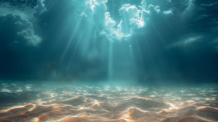   The sun illuminates the cloud-dappled sky above the sandy ocean floor, revealing rippling waves and grainy seabed below